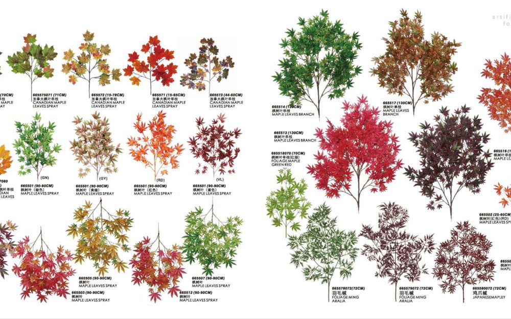 Pages of artificial maple branches in red, orange and green from the foliage samples book