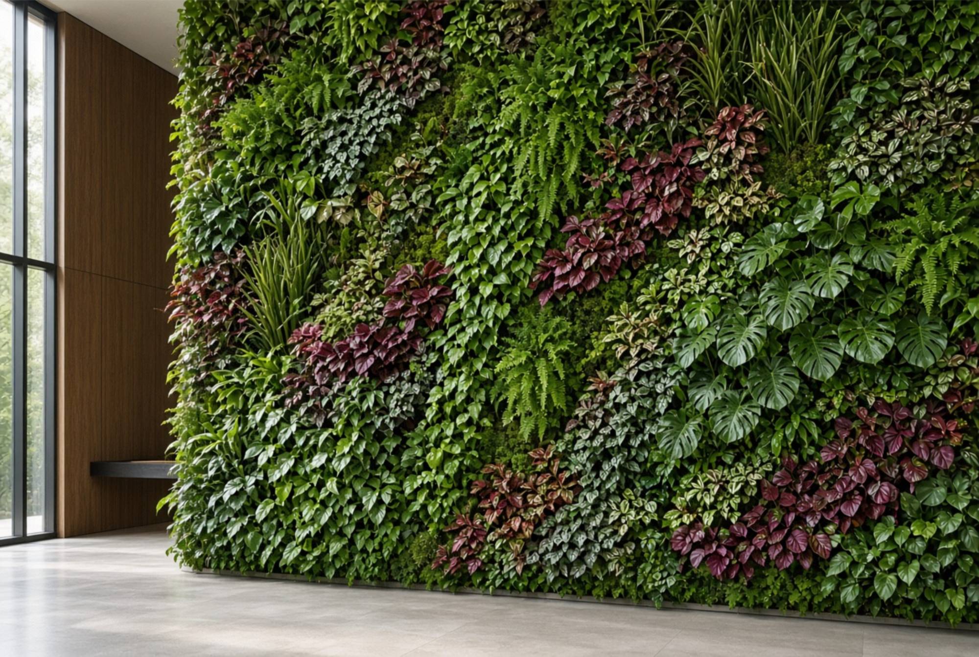 A full-height artificial green wall of ferns, ivy, monstera and burgundy foliage in a bright hall beside floor-to-ceiling windows