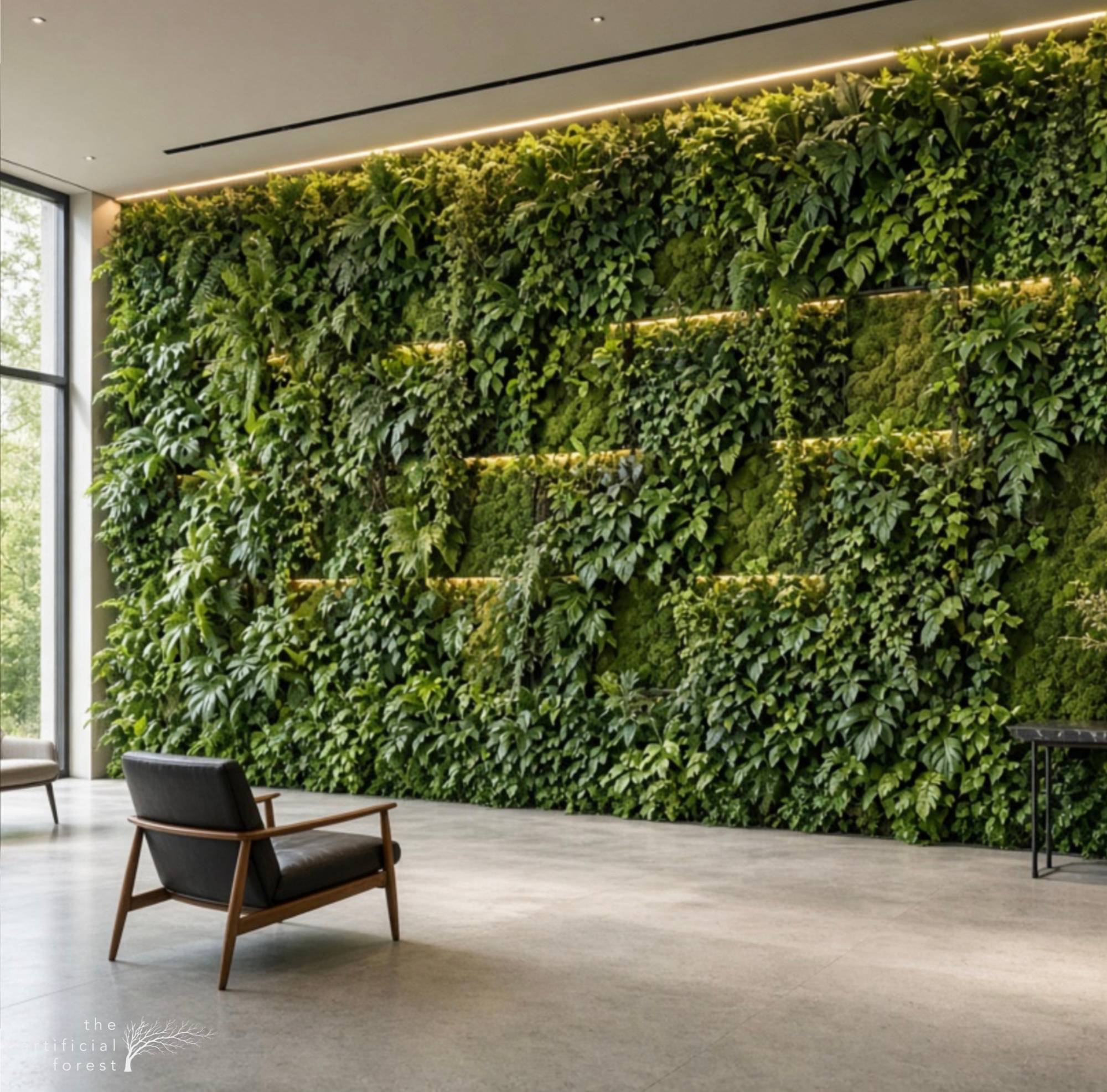 A lobby lined with an artificial green wall of layered foliage and moss panels with warm strip lighting, behind a leather lounge chair