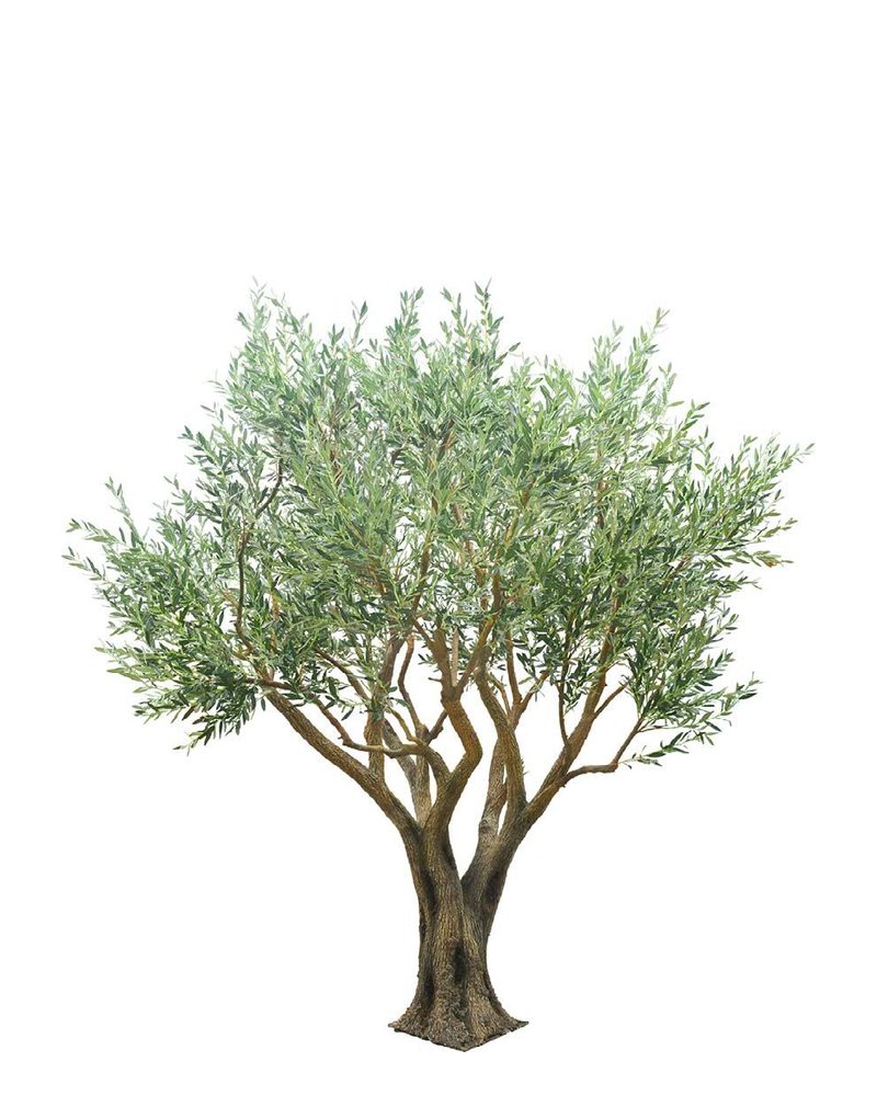 Artificial olive tree with a twisted multi-stem trunk